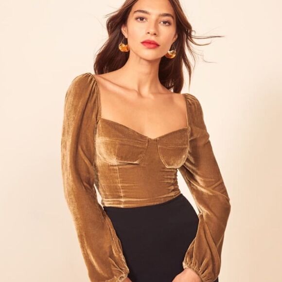 Refornation Mallory Crushed Velvet Top Gold Reyes - Picture 1 of 11